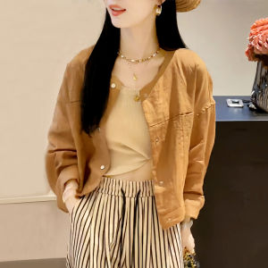 เสื้อเชิ้ตผ้าลินินกันแดดสำหรับผู้หญิง ฤดูร้อน 2025 ทรงหลวม แขนยาว ปกโปโล สีพื้น เสื้อเชิ้ตแขนสั้นแบบลำลอง