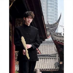 New Chinese Style Mens Pad Shoulder Suit Stand Collar Tang Coat Student Uniform of Republic Period Trendy Zhongshan Coat