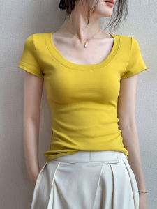 GEBEISHANG | Round Neck Short Sleeve Slim Fit Yellow Cotton T-Shirt