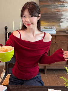 Ankela Red Fake Two-Piece off-the-Shoulder Long Sleeves T-shirt Tops Womens Early Autumn Silm Slim Looking Ruffled Underwear Small Shirt
