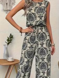 Đầm Liền Thân Nữ In Họa Tiết Thanh Lịch Thời Trang Trẻ Trung Mùa Hè Chất Liệu Polyester Mỏng Kiểu Dáng Quần Ống Rộng Jumpsuit Một Mảnh