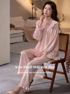 LEZIMENG | Bộ Đồ Ngủ Dài Tay Cho Phụ Nữ Mùa Xuân và Thu Chất Liệu Lụa Băng Nhẹ