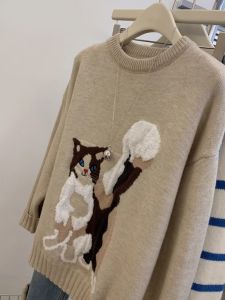 Áo len BINKAFENNY dệt kim dày cổ tròn họa tiết mèo thời trang retro