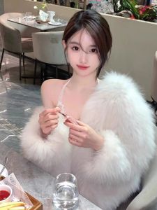Eco-Friendly Fox Fur Coat Womens Winter Jacket 2025 New Style V-Neck Commute Length Realistic Mink Faux Fur Outerwear