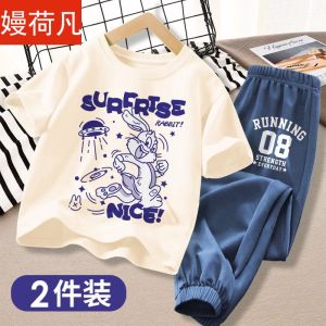 ผ้าฝ้ายแท้เด็กชายชุดฤดูร้อน 2024 สไตล์ใหม่สบายๆพิมพ์แขนสั้นและกางเกงขาสั้นชุดสําหรับเด็กอายุ 3-14 ปี