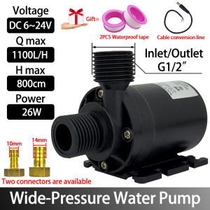 Brushless Motor Water Pump DC6~24V 1100L/H 8M Head G1/2" Submersible Pump Fountain Water Heater Shower Booster Pump IP68