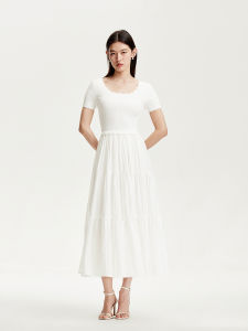 Vero Moda Knitted Dress Wave round Neck Splicing Elegant Long Dress Spring 2025 Casual Style Standard Fit A-Line Skirt