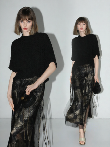 COCOBELLA | Ruffled Knitted Short Sleeve T-shirt and Black Gold Mesh Skirt Set