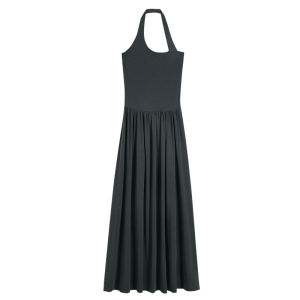 ChenMiFan Black Long Slimming Waist Dress Womens Summer Design Sense Hanging Neck Skirt Cotton Lyocell Fiber Polyester Elastic Fiber