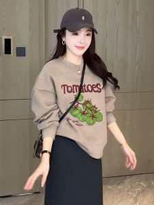 Double-Sided Fleece Hoodie Sweatshirt Women Loose Slimming Printed Comfortable Long Sleeve round Neck Korean Style Top