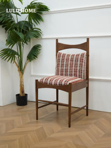 High Quality French Vintage Red Plaid Solid Wood Dining Chair Middle Ancient Style Hotel Homestay Fabric Chair Artistic Style