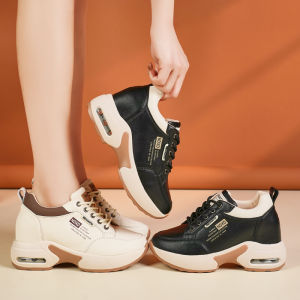 Women Sneakers Korean Style Leather Height Increasing 8cm Air Cushion Platform Shoes Casual Letter Print Spring Autumn Hidden Heel Shoes Black Beige