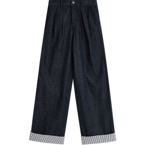 INMAN | Raw Color Stripe Turn-up Eucalyptus Wide Leg Jeans