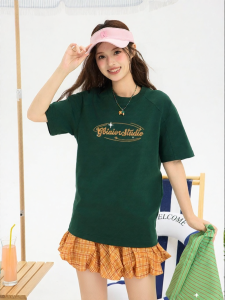 Gbiaior | American Retro Teal Letter Print Loose T-Shirt