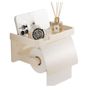 Bathroom Wall-Mounted Toilet Paper Holder White Waterproof Tissue Box Storage Rack No Drilling Required Bathroom Organizer