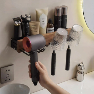 Wall Mounted Toothbrush Cup Blow Dryer Holder No Drill Rack Walnut Wood