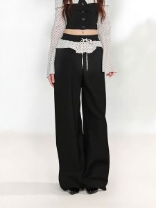 Black Lace Trim Wide Leg Pants Set Women Loose Casual Pants Early Autumn Drapey Polka Dot Pants Floral Trim Patchwork