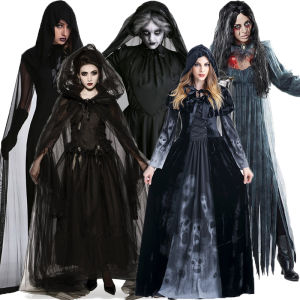 Adult Women Vampire Costume Halloween Ghost Bride Witch Dress With Cape Horror Games Scary Costumes