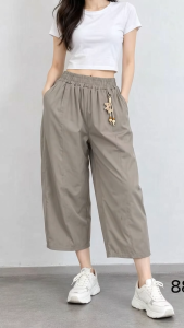 Ginza6 Womens Wide Leg Cropped Pants with Elastic High Waist Drawstring Casual Loose Fit Trousers with Decorative Charm Lightweight Breathable Summer Pants 8860#