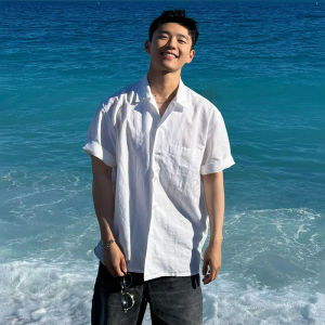 White Ice Silk Short Sleeve Mens Shirt Summer Thin Holiday Style Sun Protection Outerwear Trendy Brand High-End Half Sleeve Shirt