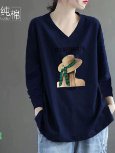 Pure Cotton Long Sleeve V-Neck T-Shirt Women Loose Fit plus Size Slimming Belly Covering Korean Style Printed Cotton Top Trendy
