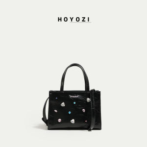 Original HOYOZI Diamond Embellished Genuine Leather Shoulder Tote Bag for Women Stylish Crossbody Purse British Style Casual Handbag