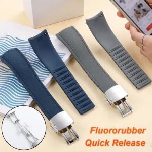 18/19/20/21/22/24mm Curved End FKM Fluororubber Watchbands Quick Release Straps Folding Buckle Bracelet Soft Men Women Wristbelt