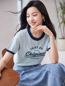 WANGGONGZHU | Casual Round Neck Short Sleeve T-Shirt Women Summer New Fashion Knitted Loose Versatile Top Color Block Print Creative Design