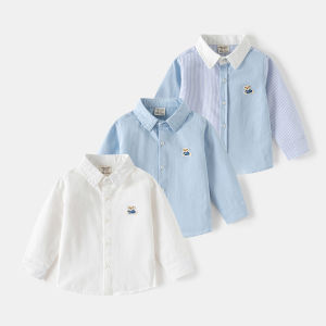 Striped and Embroidered Boys Long Sleeve Shirt Loose Fit