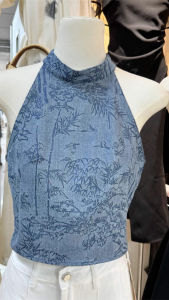 chaqi | Retro Chinese Style Shoulder Bared Floral Print Sleeveless Neck Hanging Denim Vest Women Summer Sweet And Spicy Short Fit Top