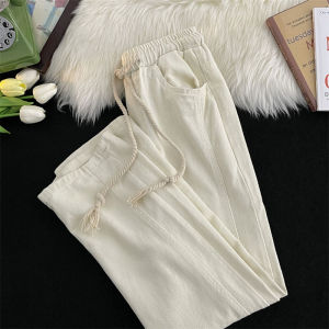 กางเกงยีนส์ทรงหลวมขาตรงสำหรับฤดูร้อน กางเกงยีนส์เอวยางยืดแบบมีเชือกผูกสไตล์สตรีทอเมริกันสำหรับผู้ชายและผู้หญิง กางเกงขายาวอเนกประสงค์