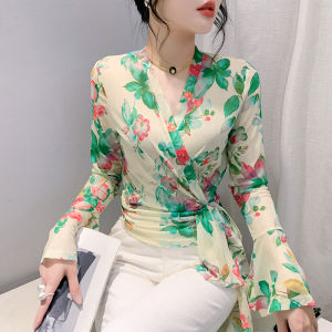 REHIN Summer New Fashionable Slim Fit Mesh Gradient Printed V-Neck Long Sleeve T-Shirt Floral Elegant Womens Top