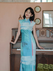 Momei Spring Summer Long Lace Cheongsam Side Zipper Floral Print Vintage Style Short Sleeve Gown for Daily Wear Polyester Fiber