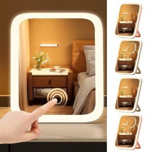 LED Makeup Mirror 3-Color Light 360° Rotatable Touch Control USB Powered Tabletop Vanity Mirror for Bedroom Bathroom Travel