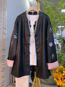plus Size Womens Patchwork Sleeve Butterfly Long Sleeve PU Leather Button Jacket Slimming Top Casual Commute Style Loose Fit