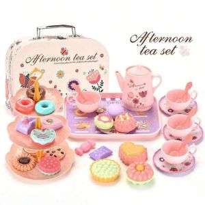 42 pieces of Little Girl Tea Party Set Kitchen Pretend to Play Tea Time Toy with Dessert Biscuits Donuts Tea Pot Princess Gi