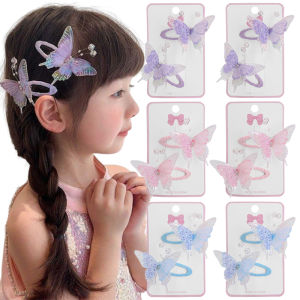 2PCS Korean Butterfly Hair Clips / Cute Sequins Butterfly Pearl Side Back Hairpin / Butterfly Shiny BB Hair Clip for Children
