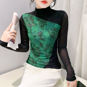 Rehin cao cổ lưới dài tay in họa tiết T-shirt-Mùa Thu ôm vừa khít màu đen áo nữ