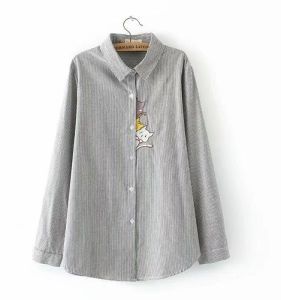 Áo Sơ Mi Kẻ Sọc Dáng Rộng Dài Tay Phong Cách Hàn Quốc Cỡ Lớn Cho Nữ Mùa Thu 2023 Áo Khoác Ngoài Bằng Cotton Họa Tiết Mèo Nhỏ