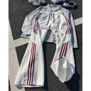 ZHUOCAN | Autumn Street Style Vibes Flared Trousers White with Red Stripes