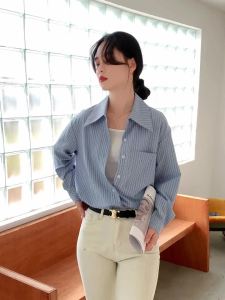 AMMIN 2024 Autumn New Blue Color Striped Sunscreen Chiffon Shirt Womens French Style Loose Fashion Simple Blue Pocket Single-Breasted Long Sleeve Elegant Blouse