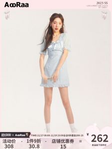 Sweet Girl Blue Doll Collar Bowknot Dress Original Design AooRaa Summer 2023 Womens Dress Viscose 65% Polyester 35%