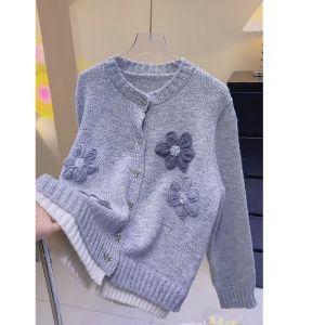 Korean Style Floral Knit Sweater Jacket Womens Mini Size Spring Autumn New Grey Versatile Open Cardigan Long Sleeve round Neck