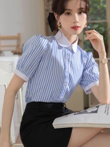 Áo Sơ Mi Tay Ngắn Sọc Xanh Thời Trang Cho Nữ Thiết Kế Độc Đáo Mùa Hè Mỏng Cổ Búp Bê Cổ Tay Thường Nút Chi Tiết