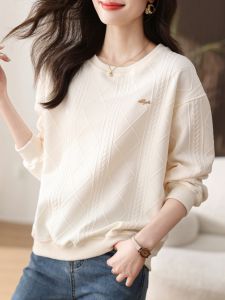 เสื้อสเวตเตอร์คอกลมแขนยาวทรงหลวมสำหรับผู้หญิงในฤดูใบไม้ร่วงปี 2024 ทรงพอดีตัว 3D พิมพ์ลายเส้นใยสั้น แขนยาว ปกติ