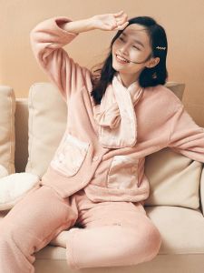 Bộ đồ ngủ nữ LUNILAI lông cừu san hô dài tay cổ tròn