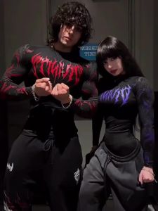 Gym Spring Mens Sports Compression Long Sleeve High Elastic Breathable Tattoo Like Arm Flame Patterns Fitness Power Training