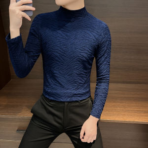 Mens Long Sleeve T-Shirt White Mid-Neck Half High Collar Thermal Base Shirt Youth Fashion Polyester Spandex Winter Warm Top