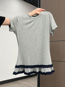 Grey Lace Hem High-End Splice Wooden Ear round Neck Short Sleeve Womens T-shirt Spring Fashion New Design Top Commute Style
