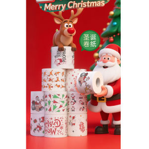 1Roll Christmas Toilet Paper Rolls - Festive Santa Reindeer Snowman Holiday Designs with Red Top & Evergreen Tree Design